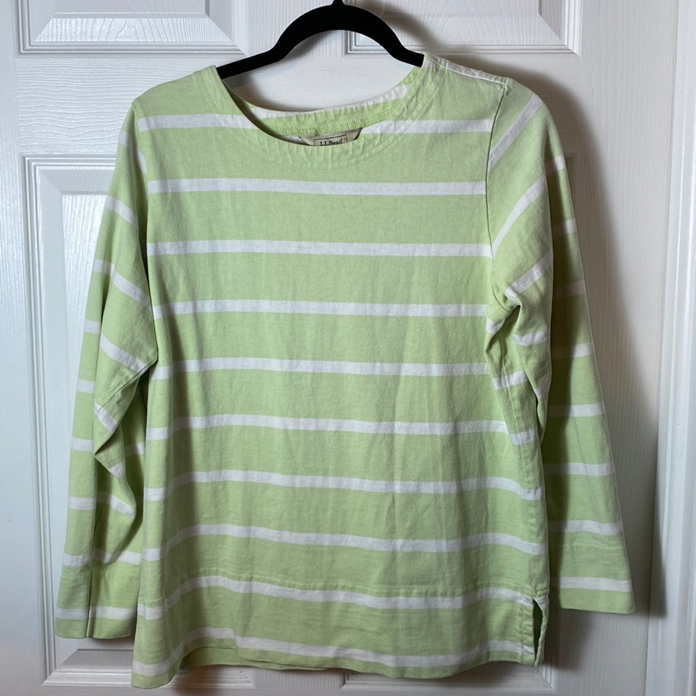 L.L. Bean Women’s Med 100% Cotton Top Long Sleeve Green White Stripe Boatneck